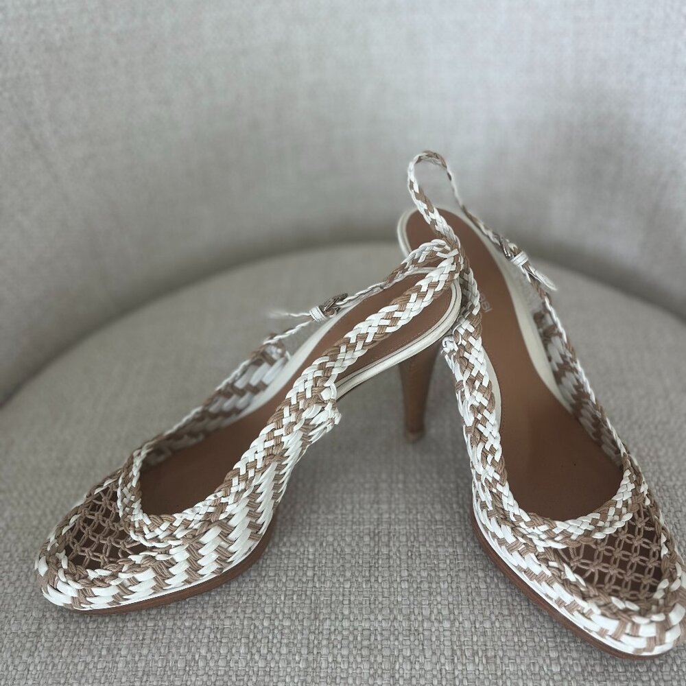 SERGIO ROSSI HEELS SLINGBACK SANDALS WHITE & BROWN SIZE 38.5